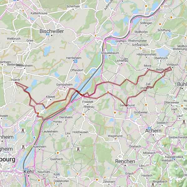 Map miniature of "The Hills and Valleys of Kilstett" cycling inspiration in Alsace, France. Generated by Tarmacs.app cycling route planner