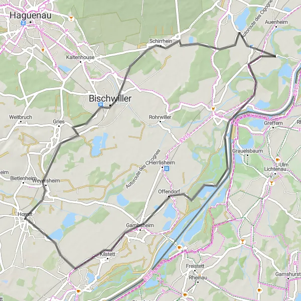 Map miniature of "Rhineland Delight" cycling inspiration in Alsace, France. Generated by Tarmacs.app cycling route planner