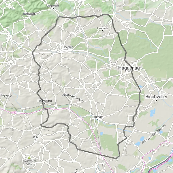 Miniature de la carte de l'inspiration cycliste "Parcours pittoresque autour de Hœrdt" dans la Alsace, France. Générée par le planificateur d'itinéraire cycliste Tarmacs.app