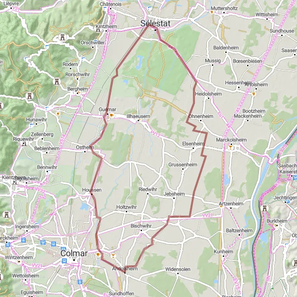 Miniature de la carte de l'inspiration cycliste "Exploration des Chemins de Gravier" dans la Alsace, France. Générée par le planificateur d'itinéraire cycliste Tarmacs.app