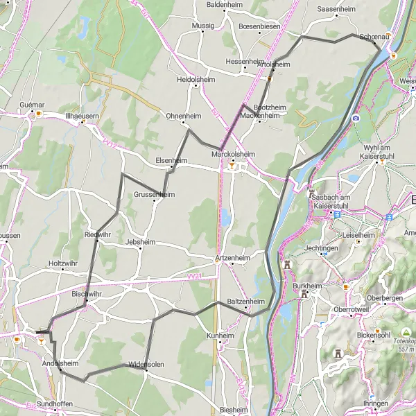 Map miniature of "Roads of Enchantment" cycling inspiration in Alsace, France. Generated by Tarmacs.app cycling route planner