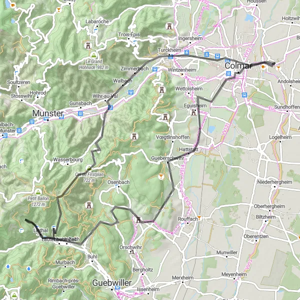 Miniature de la carte de l'inspiration cycliste "La Route des Vins d'Alsace" dans la Alsace, France. Générée par le planificateur d'itinéraire cycliste Tarmacs.app