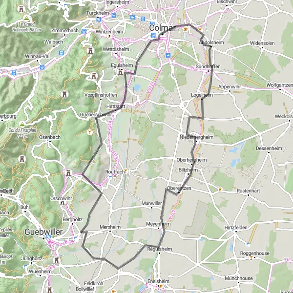 Map miniature of "Alsace Vineyard Adventure" cycling inspiration in Alsace, France. Generated by Tarmacs.app cycling route planner