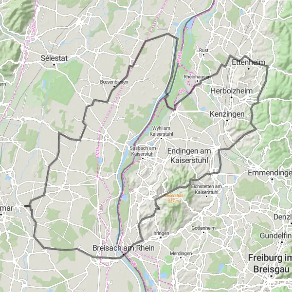 Miniature de la carte de l'inspiration cycliste "Circuit panoramique à travers le Kaiserstuhl" dans la Alsace, France. Générée par le planificateur d'itinéraire cycliste Tarmacs.app