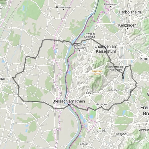 Miniature de la carte de l'inspiration cycliste "Circuit des Vignobles autour de Kaiserstuhl" dans la Alsace, France. Générée par le planificateur d'itinéraire cycliste Tarmacs.app