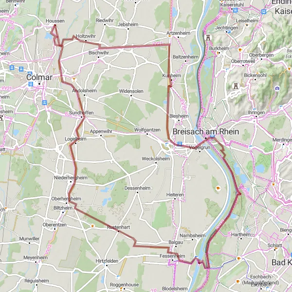 Miniature de la carte de l'inspiration cycliste "Boucle gravel autour de Houssen" dans la Alsace, France. Générée par le planificateur d'itinéraire cycliste Tarmacs.app