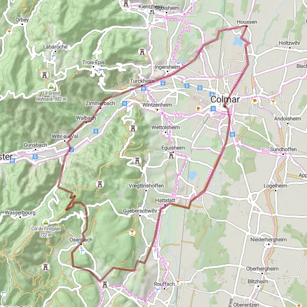 Miniature de la carte de l'inspiration cycliste "Chemin de gravier entre Colmar et Turckheim" dans la Alsace, France. Générée par le planificateur d'itinéraire cycliste Tarmacs.app