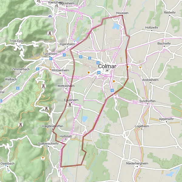 Map miniature of "Alsace Gravel Escape" cycling inspiration in Alsace, France. Generated by Tarmacs.app cycling route planner