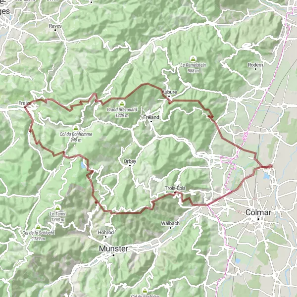 Map miniature of "The Gravel King" cycling inspiration in Alsace, France. Generated by Tarmacs.app cycling route planner