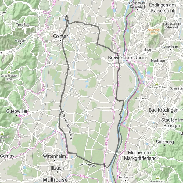 Map miniature of "Rhine Valley Adventure" cycling inspiration in Alsace, France. Generated by Tarmacs.app cycling route planner