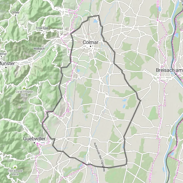 Map miniature of "Ensisheim and Beyond" cycling inspiration in Alsace, France. Generated by Tarmacs.app cycling route planner