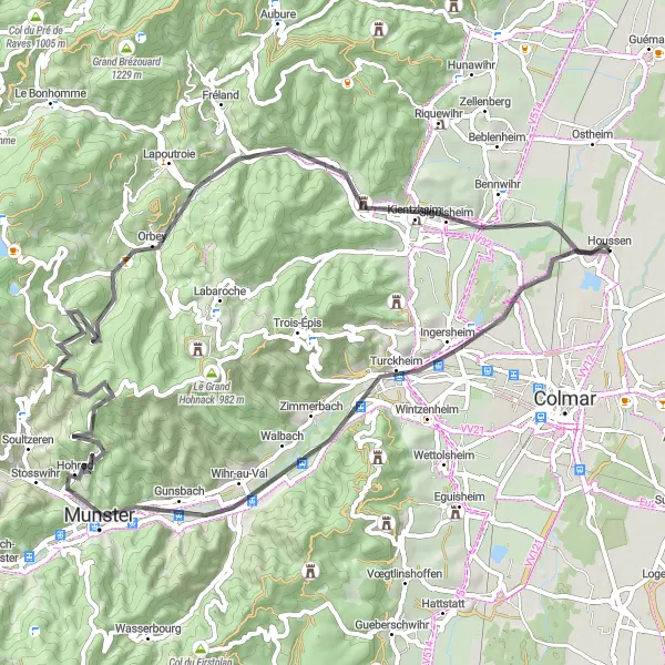 Miniature de la carte de l'inspiration cycliste "Tour challenging autour de Turckheim" dans la Alsace, France. Générée par le planificateur d'itinéraire cycliste Tarmacs.app
