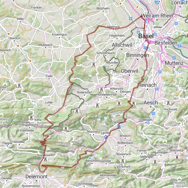 Miniature de la carte de l'inspiration cycliste "Tour en gravel de Basel à Bourgfelden" dans la Alsace, France. Générée par le planificateur d'itinéraire cycliste Tarmacs.app