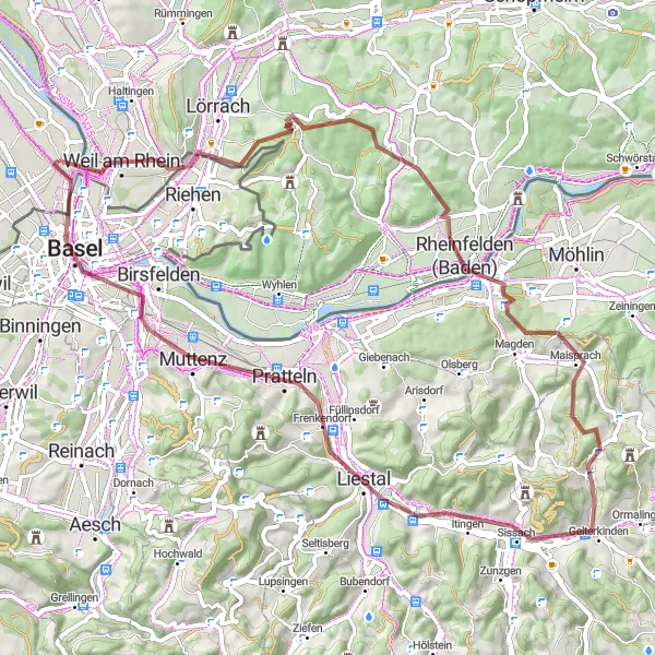 Miniature de la carte de l'inspiration cycliste "Boucle de Rheinfelden" dans la Alsace, France. Générée par le planificateur d'itinéraire cycliste Tarmacs.app