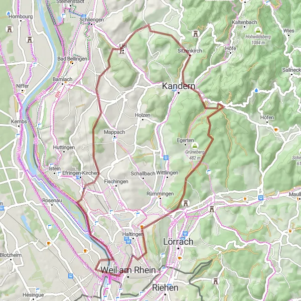 Miniature de la carte de l'inspiration cycliste "Circuit de gravier d'Efringen-Kirchen à Weil am Rhein" dans la Alsace, France. Générée par le planificateur d'itinéraire cycliste Tarmacs.app