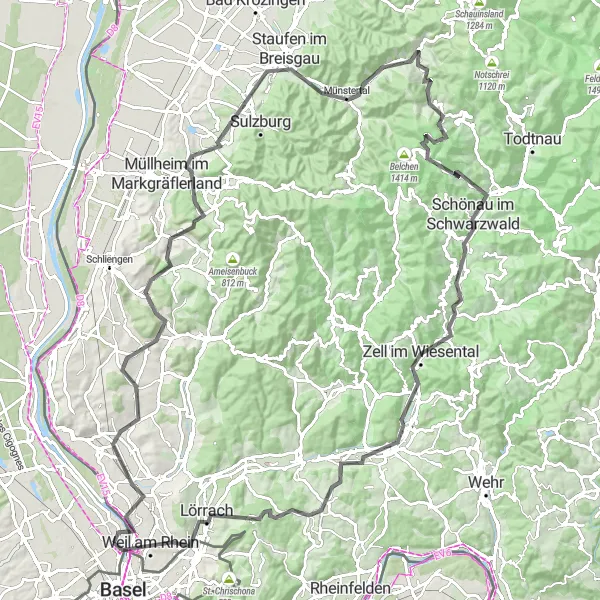 Map miniature of "Challenge of the Black Forest" cycling inspiration in Alsace, France. Generated by Tarmacs.app cycling route planner