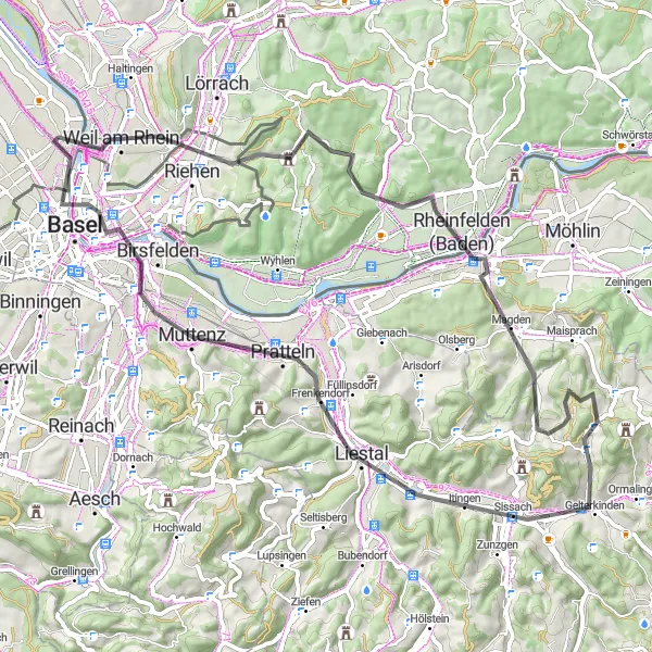 Miniature de la carte de l'inspiration cycliste "Itinéraire route de Riehen à Klybeck" dans la Alsace, France. Générée par le planificateur d'itinéraire cycliste Tarmacs.app