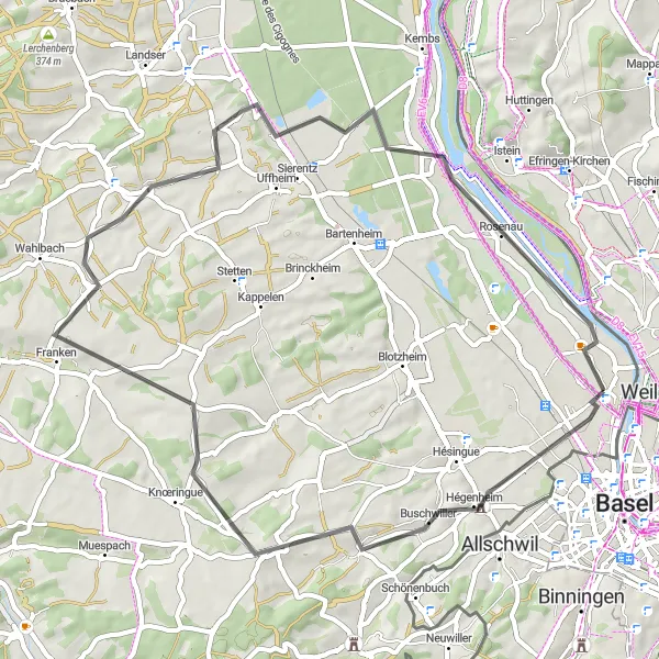 Miniature de la carte de l'inspiration cycliste "Parcours routier de Buschwiller à Village-Neuf" dans la Alsace, France. Générée par le planificateur d'itinéraire cycliste Tarmacs.app