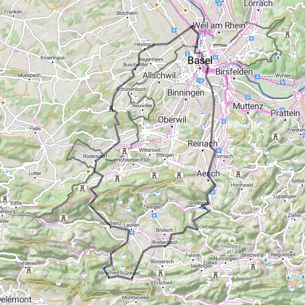 Map miniature of "The Pfalz Challenge" cycling inspiration in Alsace, France. Generated by Tarmacs.app cycling route planner