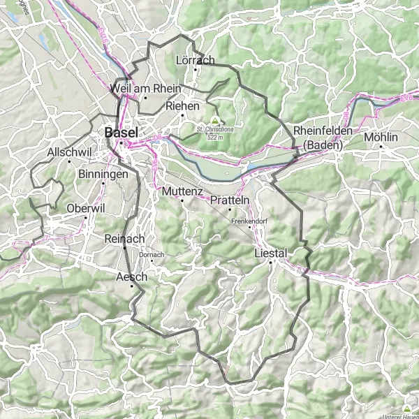 Miniature de la carte de l'inspiration cycliste "Tour des Trois Frontières" dans la Alsace, France. Générée par le planificateur d'itinéraire cycliste Tarmacs.app