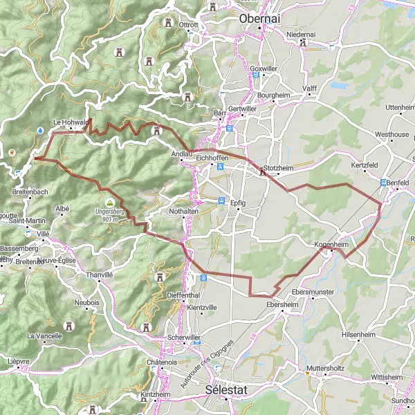Miniature de la carte de l'inspiration cycliste "Circuit des Châteaux Alsatian" dans la Alsace, France. Générée par le planificateur d'itinéraire cycliste Tarmacs.app