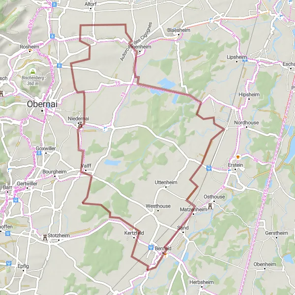 Map miniature of "Huttenheim Gravel Adventure" cycling inspiration in Alsace, France. Generated by Tarmacs.app cycling route planner