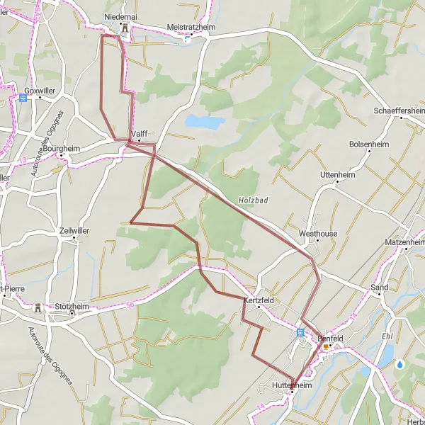 Map miniature of "Gravel Explorations near Huttenheim" cycling inspiration in Alsace, France. Generated by Tarmacs.app cycling route planner