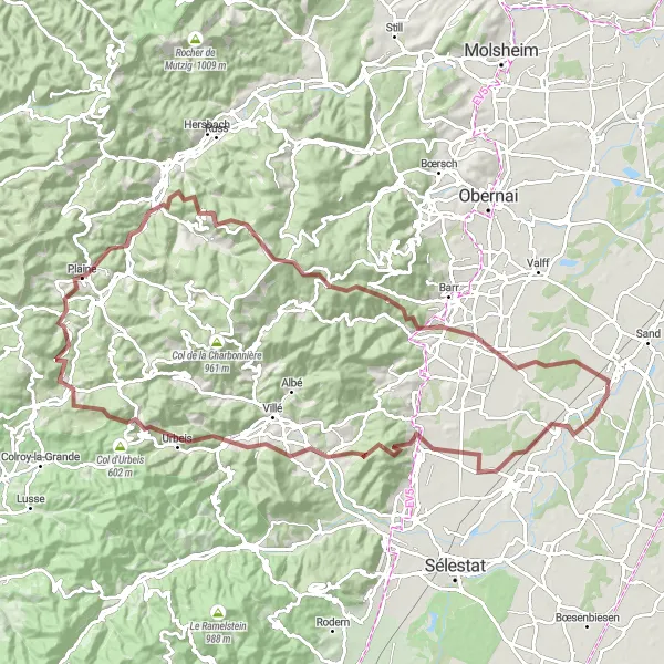 Map miniature of "Challenging Gravel Route: Dambach-la-Ville to Stotzheim" cycling inspiration in Alsace, France. Generated by Tarmacs.app cycling route planner