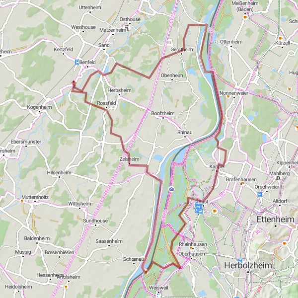 Map miniature of "Gerstheim Gravel Ride" cycling inspiration in Alsace, France. Generated by Tarmacs.app cycling route planner