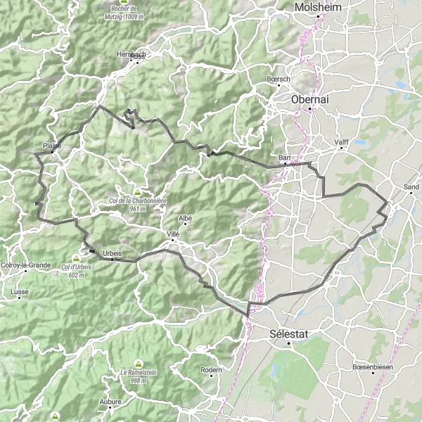 Map miniature of "Road to Mountain Climont" cycling inspiration in Alsace, France. Generated by Tarmacs.app cycling route planner