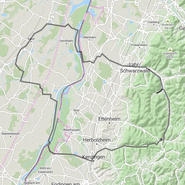 Map miniature of "Road to Kenzingen" cycling inspiration in Alsace, France. Generated by Tarmacs.app cycling route planner