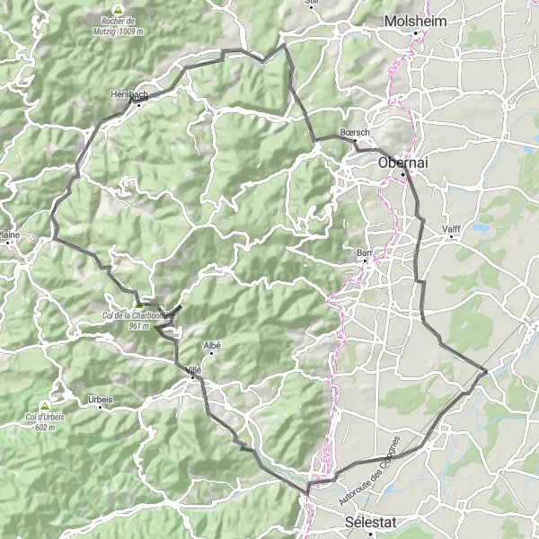 Map miniature of "Huttenheim to Panorama Loop" cycling inspiration in Alsace, France. Generated by Tarmacs.app cycling route planner