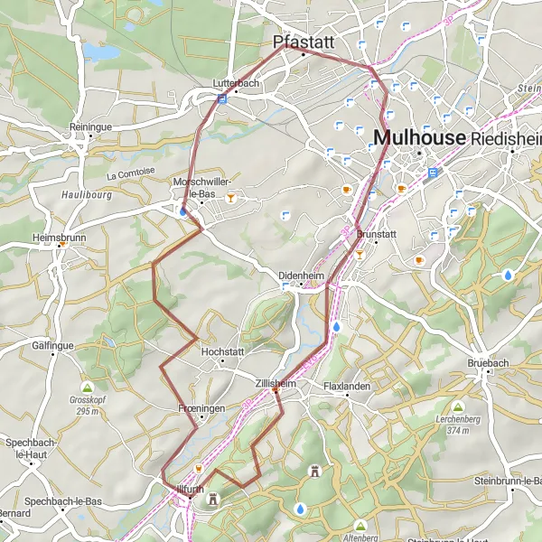 Map miniature of "Lerchenberg Gravel Excursion" cycling inspiration in Alsace, France. Generated by Tarmacs.app cycling route planner
