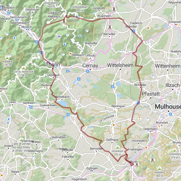 Miniature de la carte de l'inspiration cycliste "Le tour des collines et des vallées du Pays Thur-Doller" dans la Alsace, France. Générée par le planificateur d'itinéraire cycliste Tarmacs.app