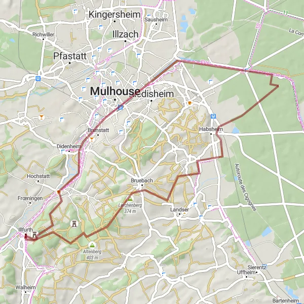 Map miniature of "Through the Gravel Wilderness" cycling inspiration in Alsace, France. Generated by Tarmacs.app cycling route planner