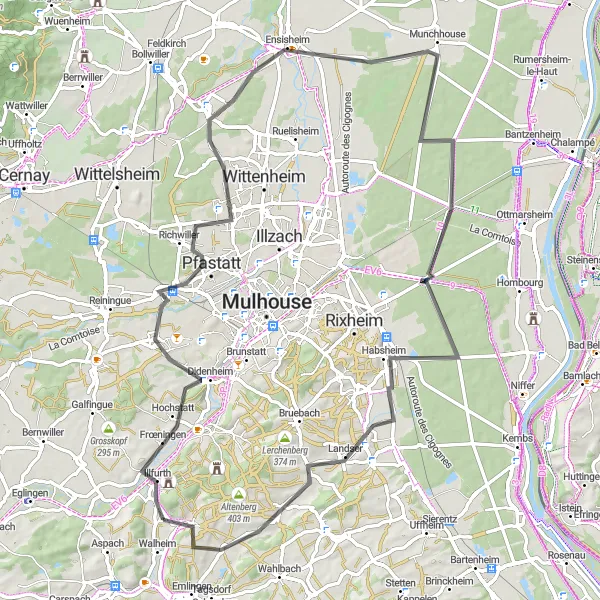 Map miniature of "Lutterbach Loop" cycling inspiration in Alsace, France. Generated by Tarmacs.app cycling route planner