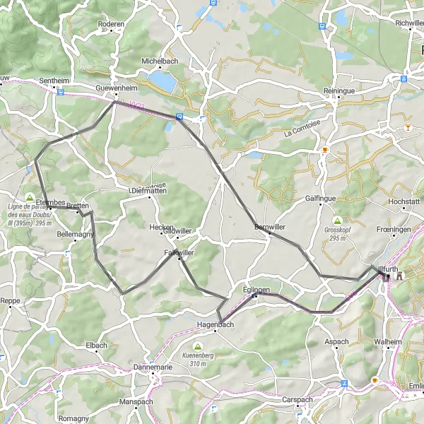 Miniature de la carte de l'inspiration cycliste "La boucle des vallées et des collines du Sundgau" dans la Alsace, France. Générée par le planificateur d'itinéraire cycliste Tarmacs.app