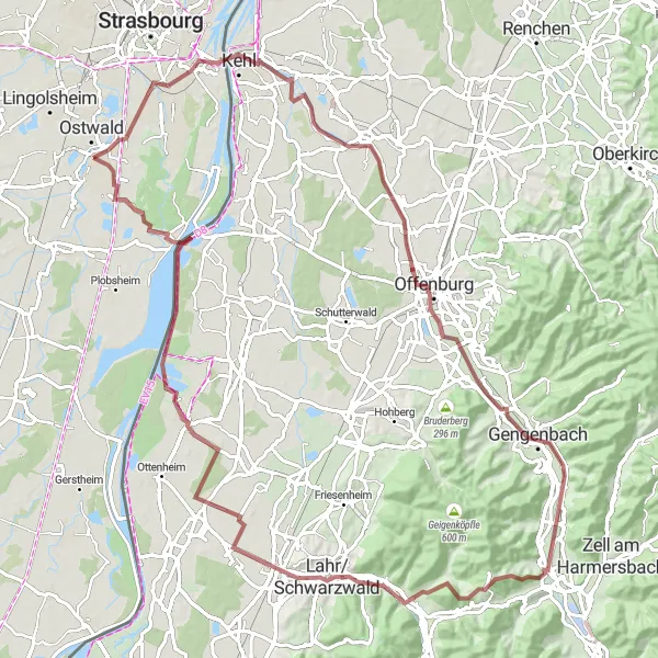 Miniature de la carte de l'inspiration cycliste "Boucle à travers Kehl et Lahr/Schwarzwald" dans la Alsace, France. Générée par le planificateur d'itinéraire cycliste Tarmacs.app