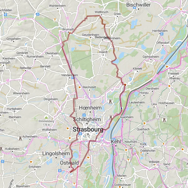 Map miniature of "Ostwald Gravel Adventure" cycling inspiration in Alsace, France. Generated by Tarmacs.app cycling route planner