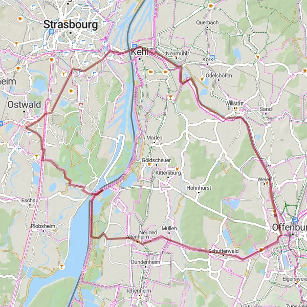 Map miniature of "Kehl Gravel Loop" cycling inspiration in Alsace, France. Generated by Tarmacs.app cycling route planner