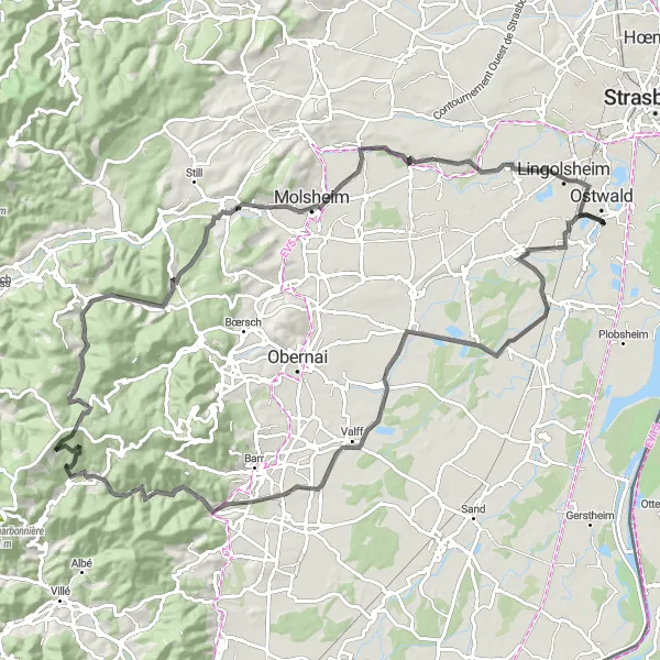 Map miniature of "Geispolsheim and Beyond" cycling inspiration in Alsace, France. Generated by Tarmacs.app cycling route planner
