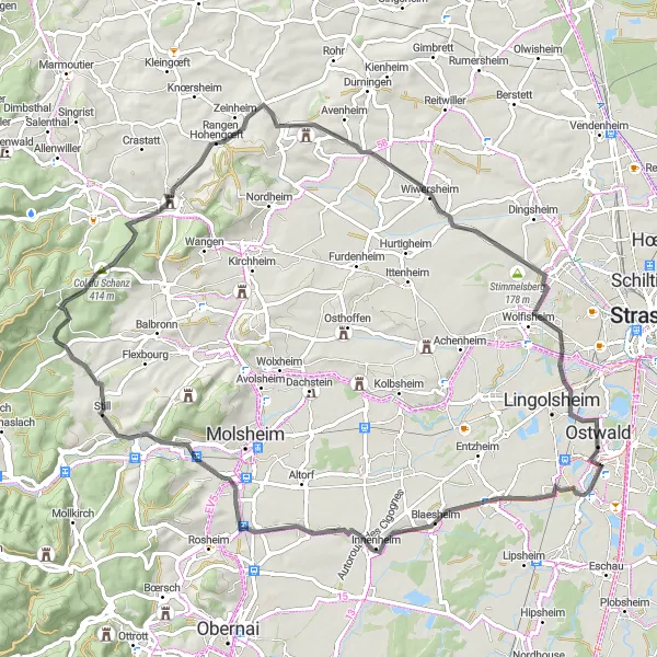 Miniature de la carte de l'inspiration cycliste "Tour à vélo sur route au départ d'Illkirch-Graffenstaden" dans la Alsace, France. Générée par le planificateur d'itinéraire cycliste Tarmacs.app