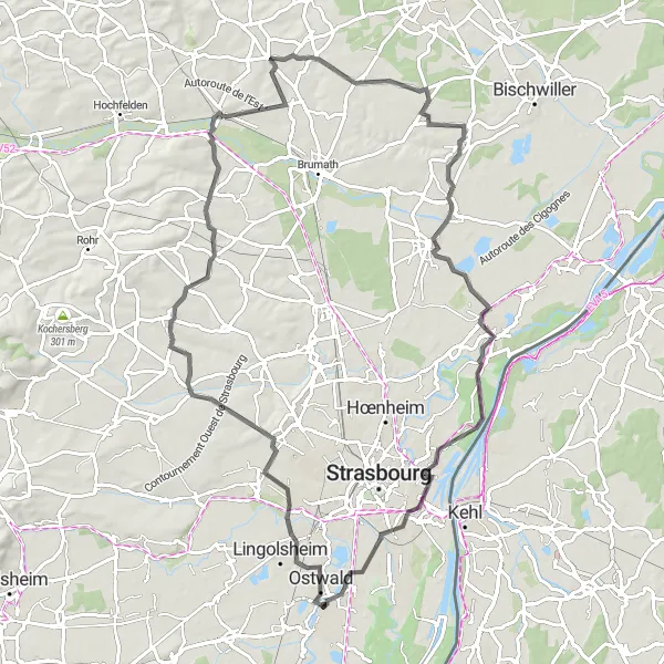 Map miniature of "Wolfisheim to Château Klinglin Road Route" cycling inspiration in Alsace, France. Generated by Tarmacs.app cycling route planner