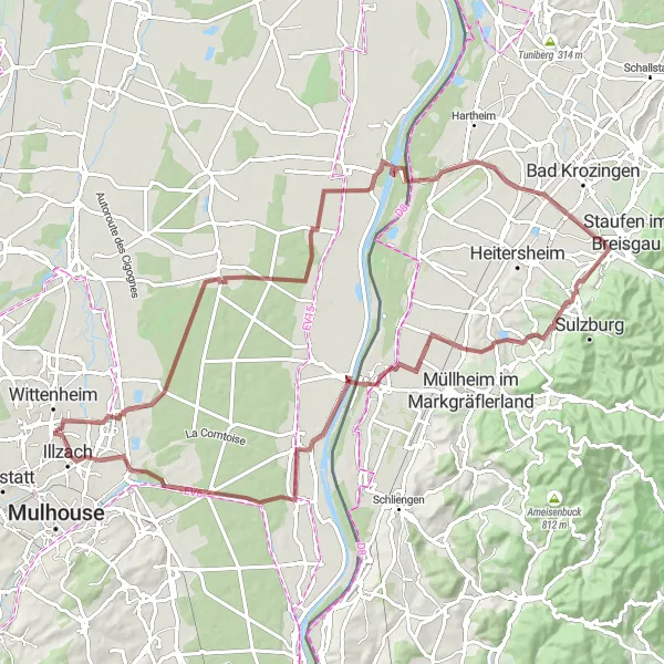 Miniature de la carte de l'inspiration cycliste "Parcours de gravel panoramique au départ d'Illzach" dans la Alsace, France. Générée par le planificateur d'itinéraire cycliste Tarmacs.app