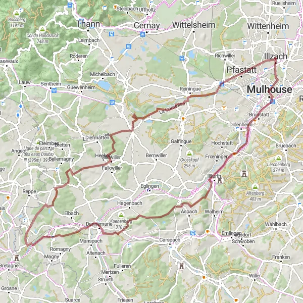 Map miniature of "Illzach to Bourtzwiller Gravel Route" cycling inspiration in Alsace, France. Generated by Tarmacs.app cycling route planner