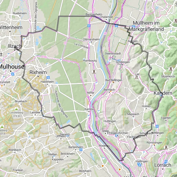 Miniature de la carte de l'inspiration cycliste "Parcours routier à travers l'Alsace près d'Illzach" dans la Alsace, France. Générée par le planificateur d'itinéraire cycliste Tarmacs.app