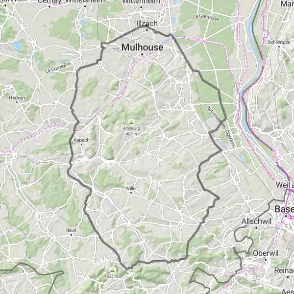 Miniature de la carte de l'inspiration cycliste "Itinéraire cycliste exigeant depuis Illzach" dans la Alsace, France. Générée par le planificateur d'itinéraire cycliste Tarmacs.app