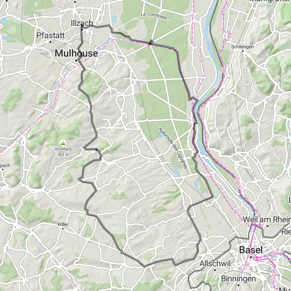 Map miniature of "Illzach to Bruebach Road Route" cycling inspiration in Alsace, France. Generated by Tarmacs.app cycling route planner