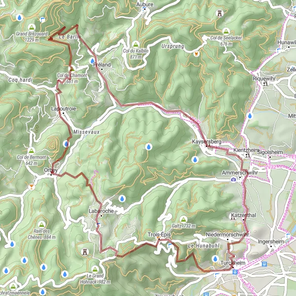 Miniature de la carte de l'inspiration cycliste "Les Chemins de Gravel d'Alsace" dans la Alsace, France. Générée par le planificateur d'itinéraire cycliste Tarmacs.app