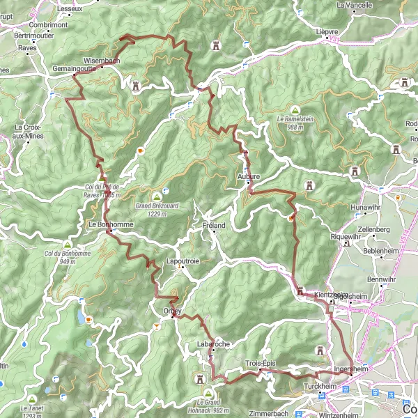 Map miniature of "Gravel Adventure" cycling inspiration in Alsace, France. Generated by Tarmacs.app cycling route planner